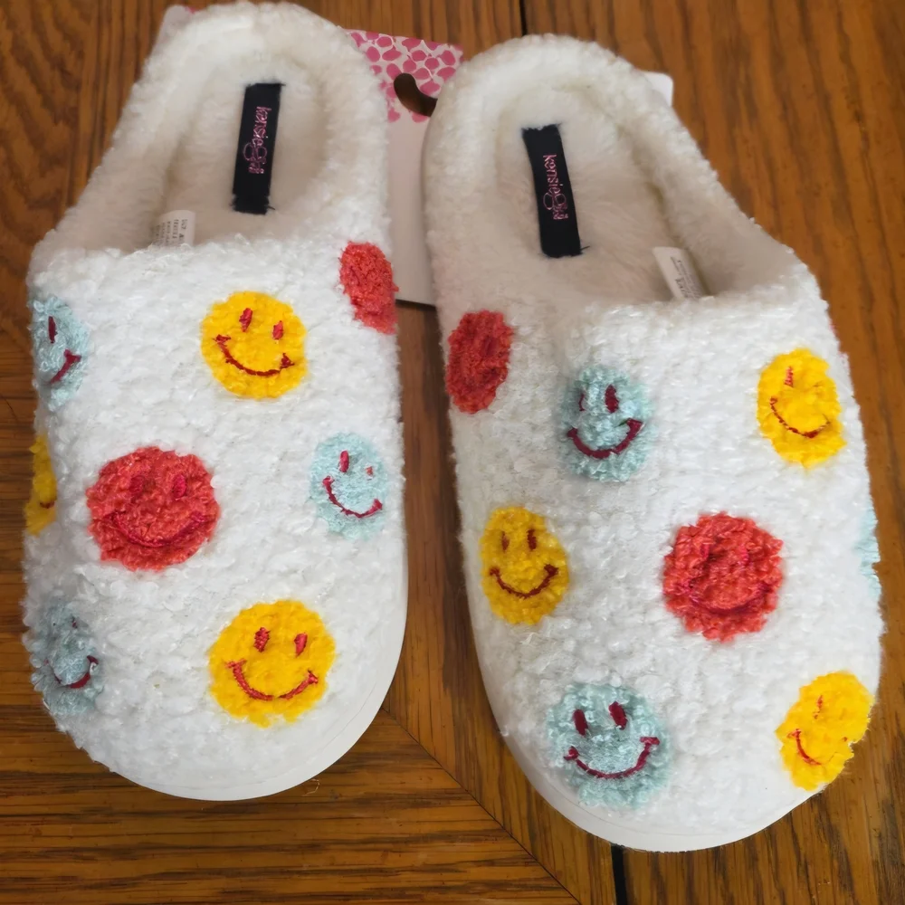 Kensie Girl White Fuzzy Slippers with Yellow, Red and Teal Smiley‎ Dots
